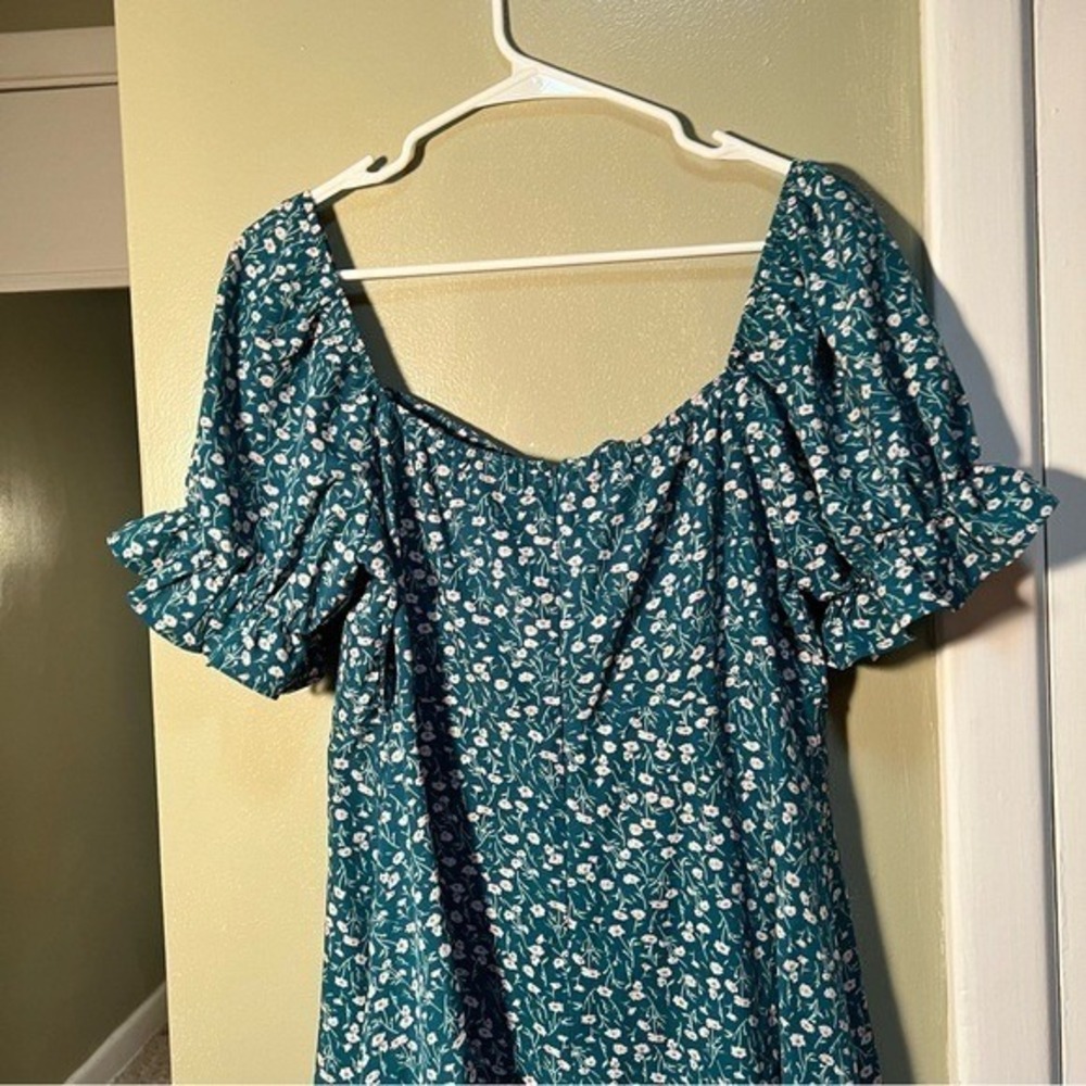 Womens Off Shoulder Mini Dress Green White Ditsy Floral Sweetheart Tie Neck Puff - Picture 10 of 13